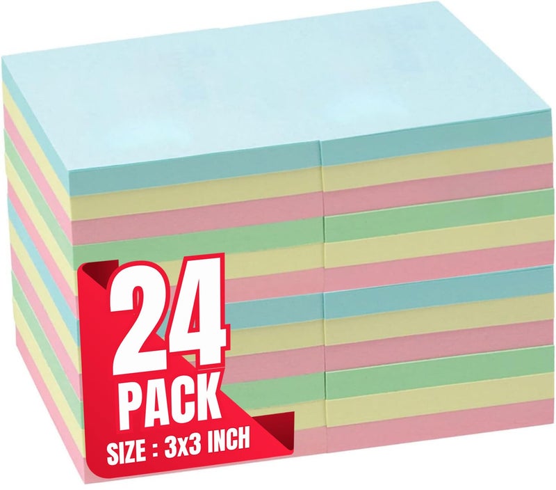 1InTheOffice Pastel Sticky Notes 3x3, Sticky Note Pads, Self-Stick Note Pads, Assorted Colors, 100-Sheet, 24/Pack - Image 1